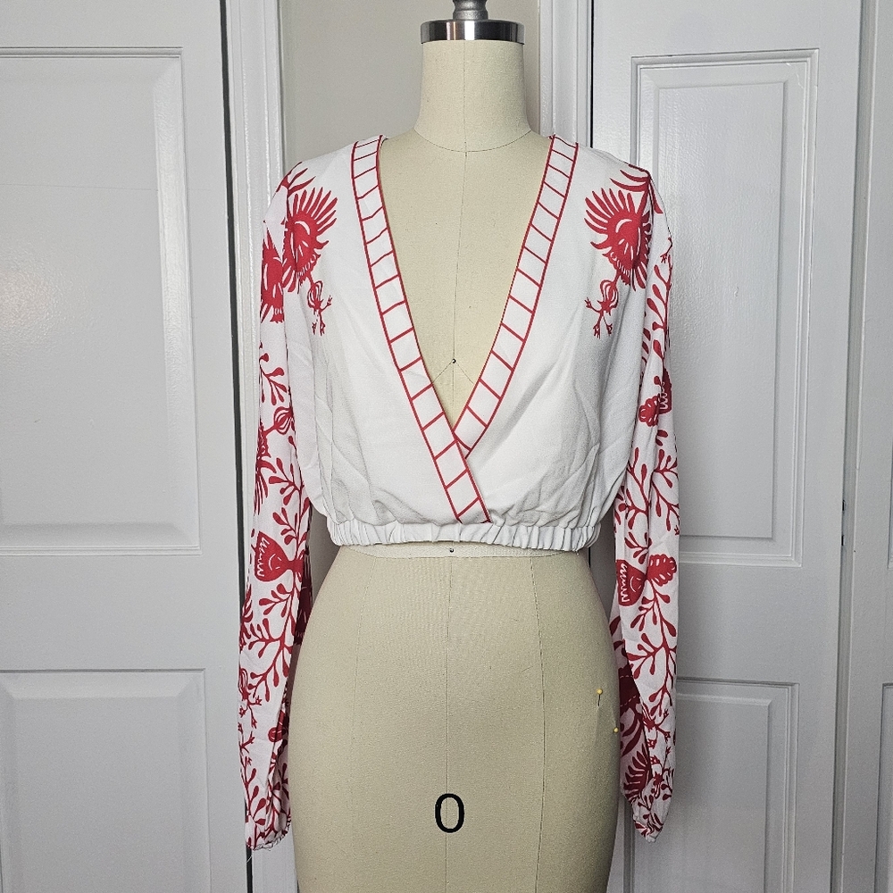 Red and White Women's Wrap Top